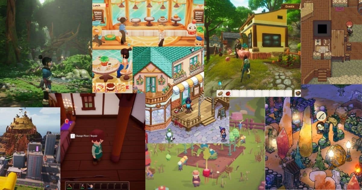A collage of various farming and life simulation video game scenes, featuring characters gardening, cooking, shopping, and exploring outdoor and indoor environments.