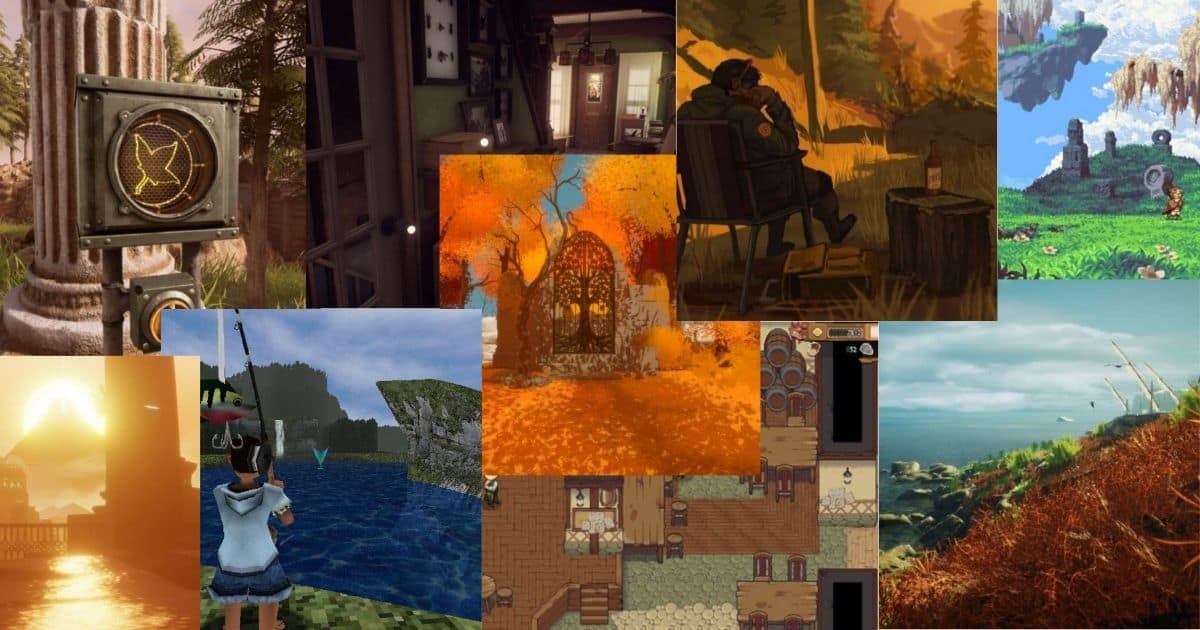 A collage of video game scenes featuring outdoor and indoor environments, autumn trees, fishing, ancient ruins, and pixel art landscapes.