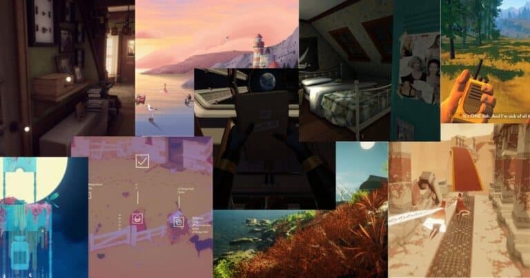 A collage of various video game scenes featuring indoor and outdoor environments, including lighthouses, bedrooms, forests, and stylized artistic landscapes.