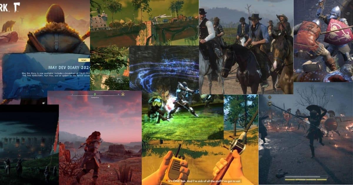 Collage of various video game scenes, featuring characters in combat, exploration, and open-world environments in different settings and time periods.