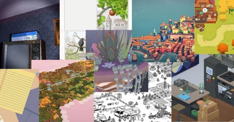A collage of various video game art styles, featuring colorful landscapes, buildings, objects, and interior scenes in both pixel art and illustrated forms.