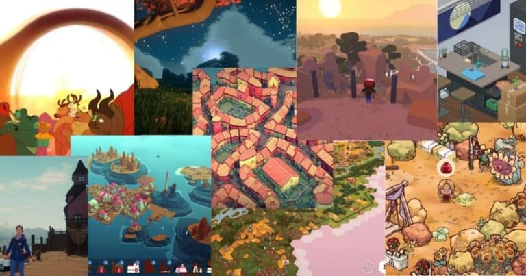 A collage of colorful, stylized video game scenes featuring landscapes, buildings, and animated characters in various environments.