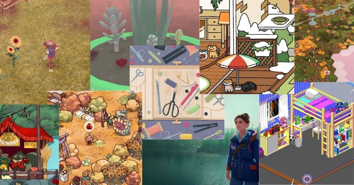 A collage of various cozy video game scenes, including gardens, animals, crafts, a lake, a bunk bed room, and animated characters.