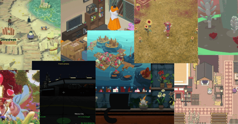 A collage of various video game scenes featuring colorful environments, characters, boxes, plants, water, and different indoor and outdoor settings.