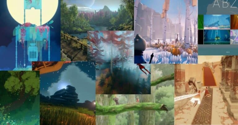 A collage of various stylized video game landscapes, including forests, rivers, futuristic buildings, underwater scenes, and characters exploring different environments.