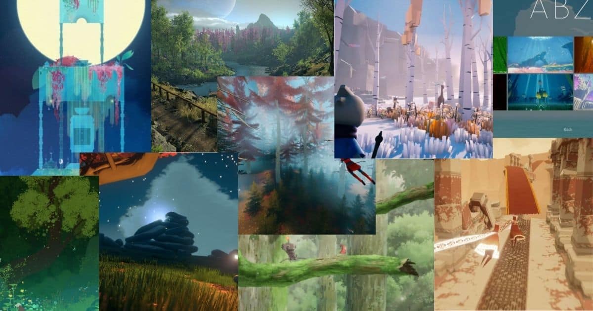 A collage of various stylized video game landscapes, including forests, rivers, futuristic buildings, underwater scenes, and characters exploring different environments.