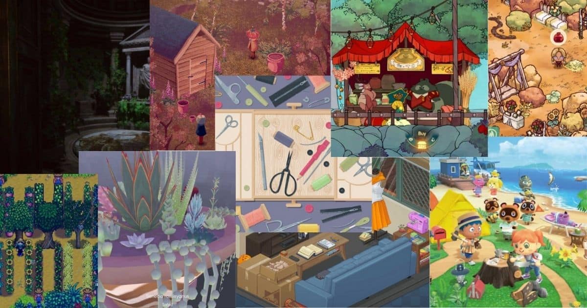 A collage of various cozy game scenes, including gardening, crafting, camping, and animal characters outdoors in colorful, animated environments.
