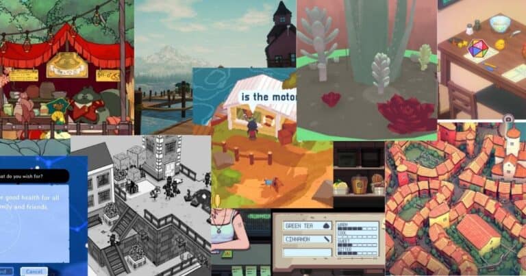 A collage of various video game scenes, featuring colorful and pixel art landscapes, characters, menus, and indoor environments.