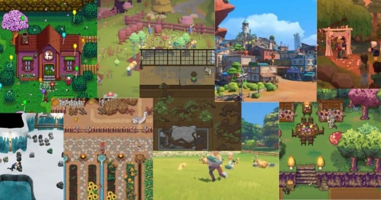 A collage of various video game scenes featuring farming, gardening, village life, festivals, and animals in colorful, animated art styles.