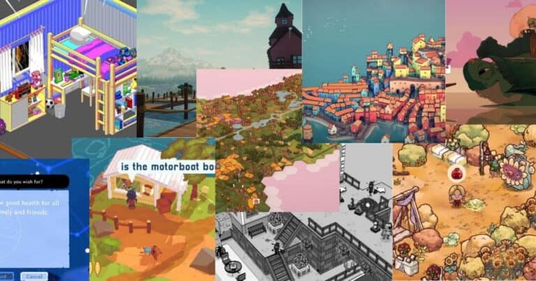 A collage of colorful pixel art and illustrated scenes from various video games, depicting rooms, landscapes, buildings, and outdoor environments.