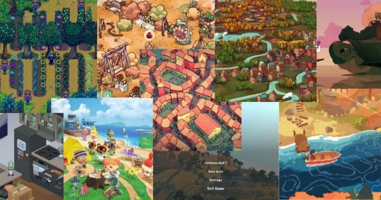A collage of colorful, pixel art and illustrated scenes from various farming and village simulation video games, showing landscapes, towns, animals, and characters.