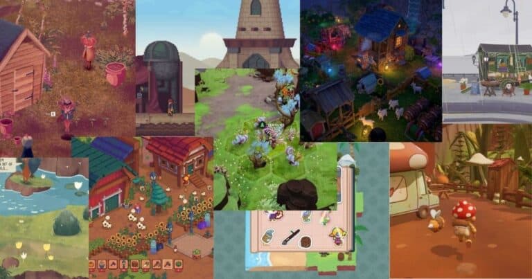 A collage of colorful, illustrated scenes from various cozy video games, featuring outdoor and indoor settings, characters, animals, gardens, and market stalls.