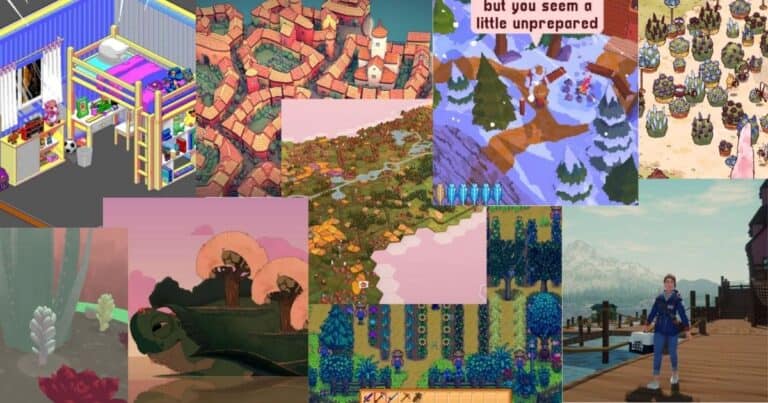 A collage of various colorful video game scenes, including farm landscapes, cozy interiors, fantasy towns, and animated characters in outdoor settings.