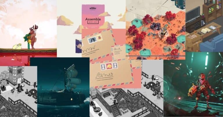 A collage of various illustrated and pixel art scenes, including animals, buildings, letters, a ship, video game characters, a living room, and colorful terrains.