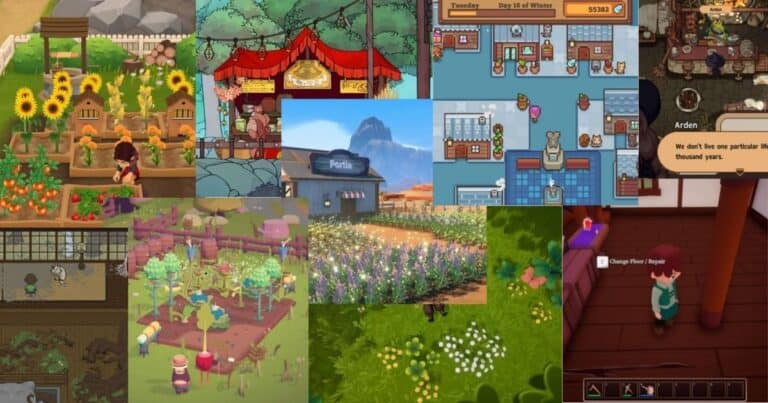 A collage of colorful scenes from various farming and life simulation video games, featuring gardens, marketplaces, characters, and interior settings.