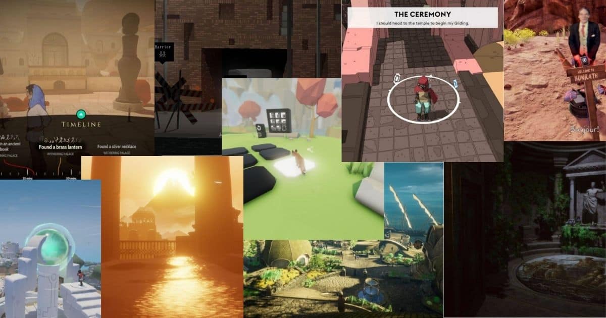 A collage of various video game scenes featuring diverse environments, including landscapes, cityscapes, fantasy settings, and in-game characters.