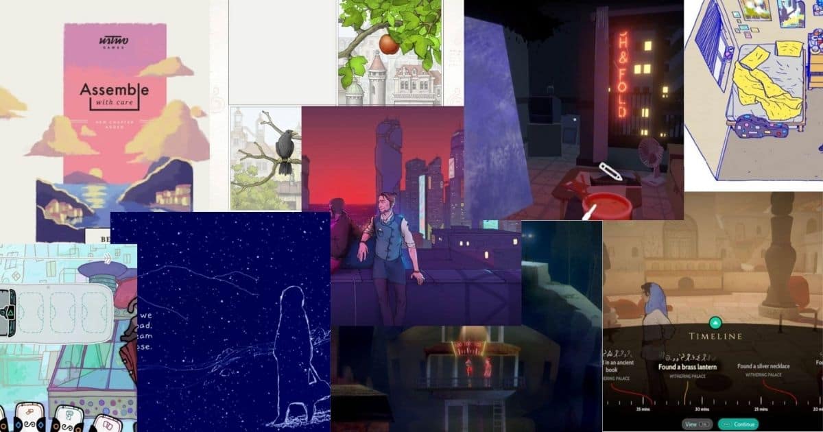 A collage of various indie video game scenes, featuring diverse art styles, characters, and environments, including both illustrated and pixel art elements.