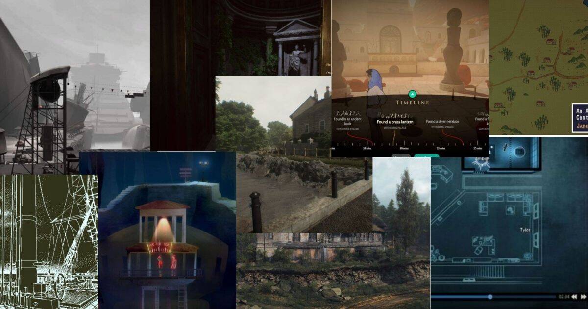 A collage of various video game scenes featuring buildings, landscapes, interior rooms, maps, and digital interfaces in different art styles and color schemes.