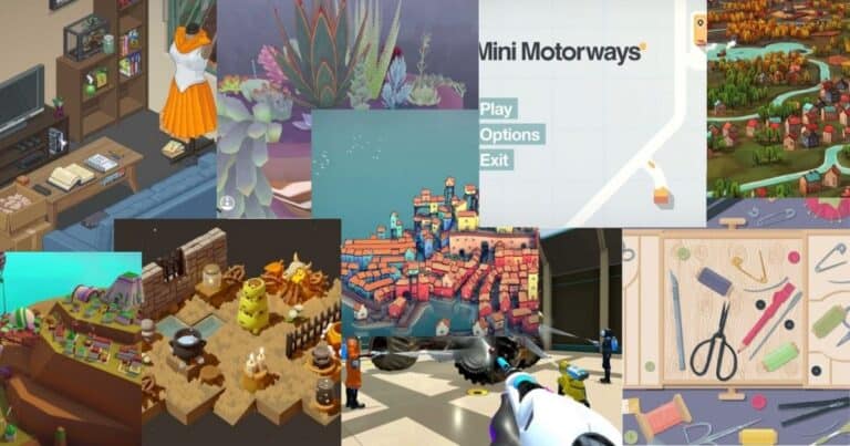 A collage of various cozy game screenshots, featuring colorful landscapes, crafting menus, city maps, and creative in-game environments.