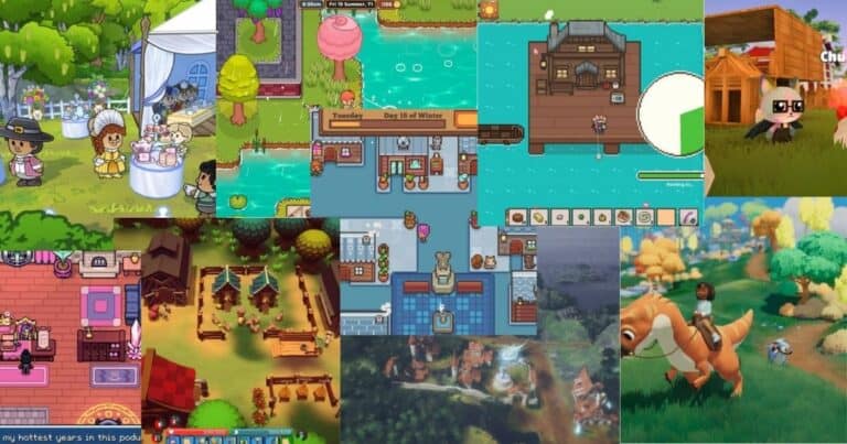 A collage of various video game scenes, including characters farming, fishing, riding dinosaurs, hosting tea parties, and interacting in colorful, cartoon-style environments.