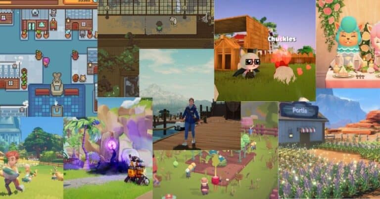 Collage of various scenes from different farming and life simulation video games, showing characters, gardens, animals, and colorful farm environments.