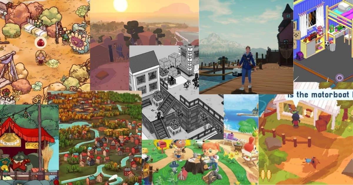 A collage of video game screenshots, each showcasing different colorful environments, characters, and town-building or farming simulation scenes.