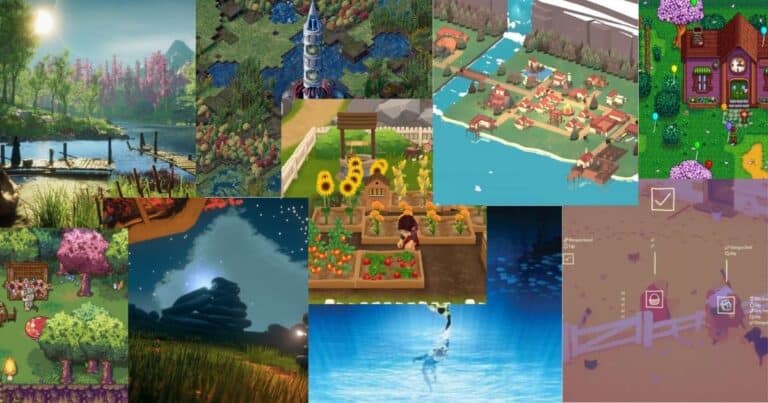 A collage of various farming and village simulation game scenes, showing gardens, houses, crops, water, and stylized landscapes from different games.
