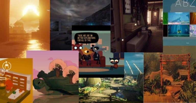 A collage of various video game scenes, including animated characters, landscapes, buildings, and underwater environments, arranged in overlapping rectangles.