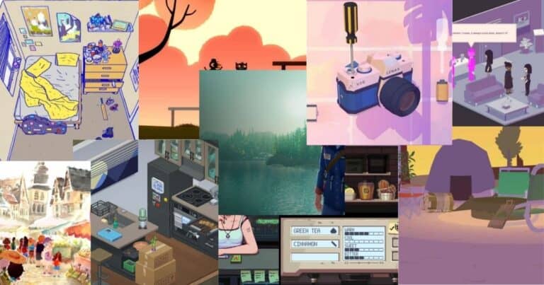 A collage of various scenes, including illustrated rooms, landscapes, objects like a camera, and people, featuring both real-life and video game art styles.