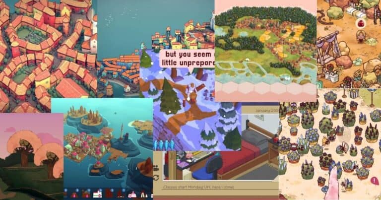 A collage of colorful, illustrated city-building and strategy game scenes, featuring maps, buildings, landscapes, and grids in various art styles.