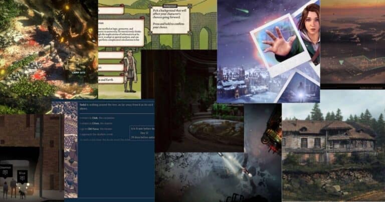 A collage of various video game scenes, featuring characters, dialogue boxes, landscapes, and different art styles from multiple games.