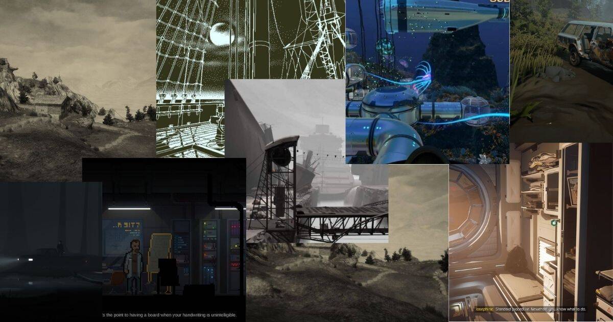 A collage of various video game environments, including futuristic interiors, underwater scenes, landscapes, and industrial structures.
