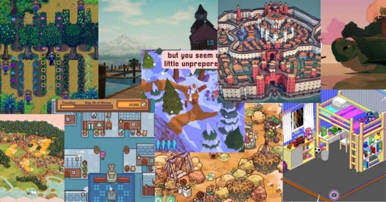 A collage of pixel art scenes from various video games, including farms, buildings, landscapes, and a character in a colorful bedroom.