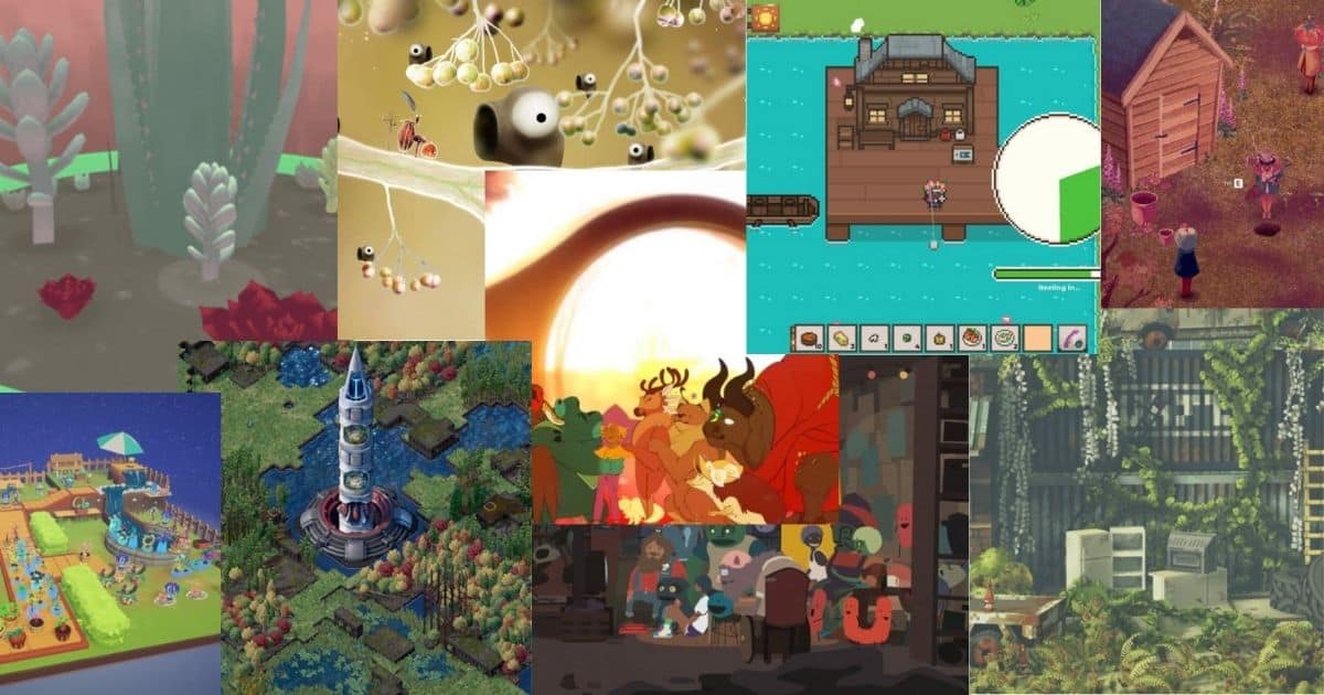 A collage of various indie video game screenshots featuring diverse art styles, environments, and characters, including nature, buildings, space, and animated scenes.
