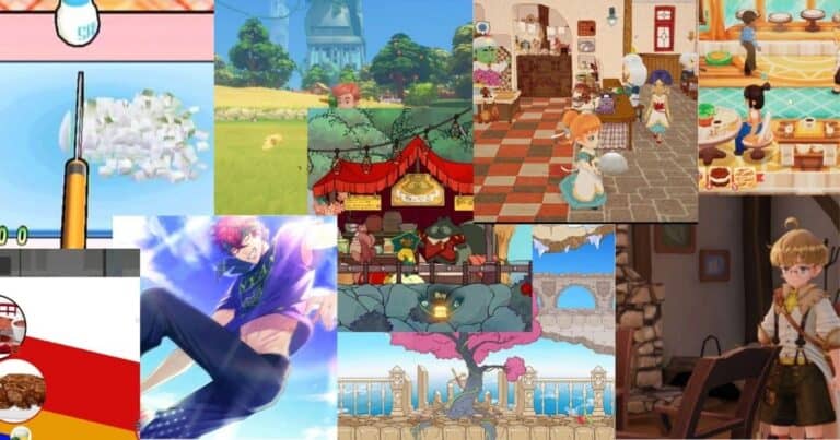 A collage of colorful scenes from various farming and cooking video games, featuring characters, kitchens, outdoor landscapes, and festive decorations.