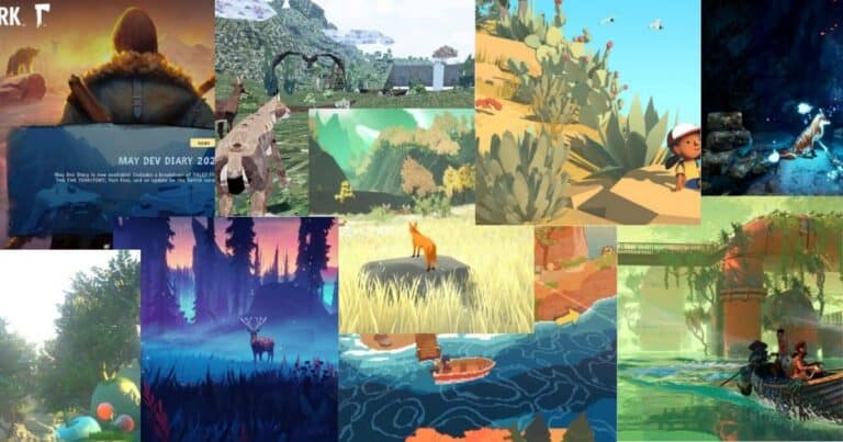 A collage of scenes from various nature-themed video games, featuring diverse landscapes, animals, and characters in colorful, stylized environments.