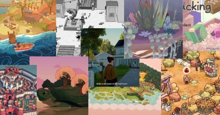A collage of various illustrated video game scenes, featuring landscapes, buildings, plants, and characters in different art styles and color palettes.