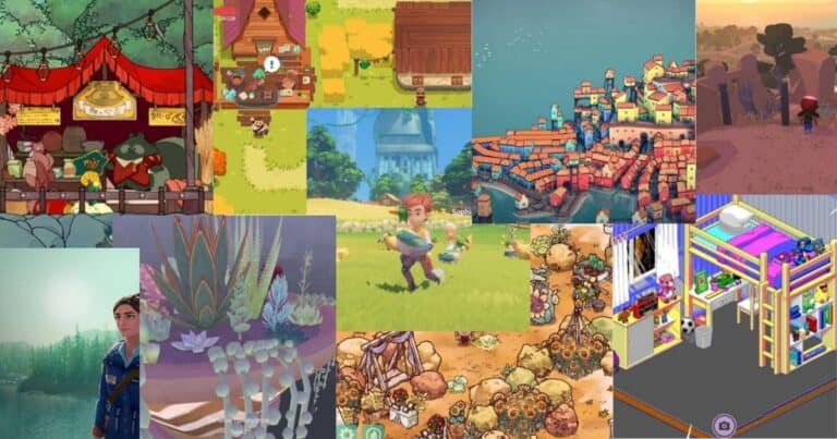 A collage of colorful scenes from various video games, featuring characters, buildings, landscapes, and interiors in a mix of art styles.