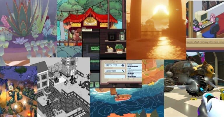 A collage of various video game scenes, including animated characters, buildings, a sunset over water, a car, and a cafe menu.