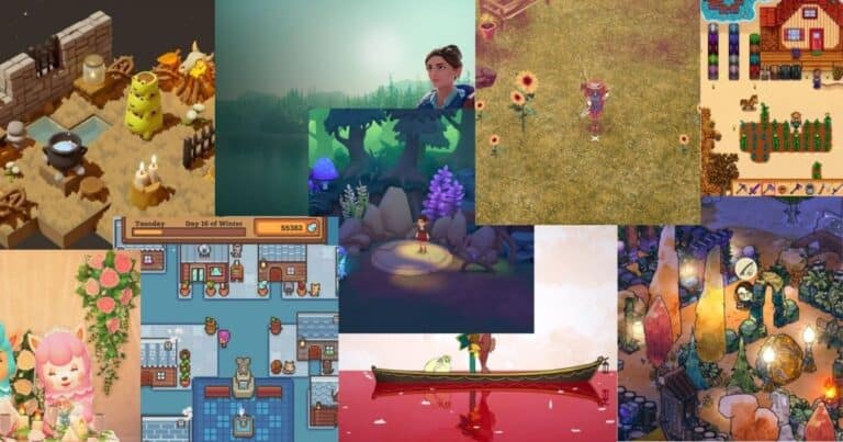 A collage of various cozy video game scenes, including farms, gardens, fantasy landscapes, and characters engaging in peaceful activities.
