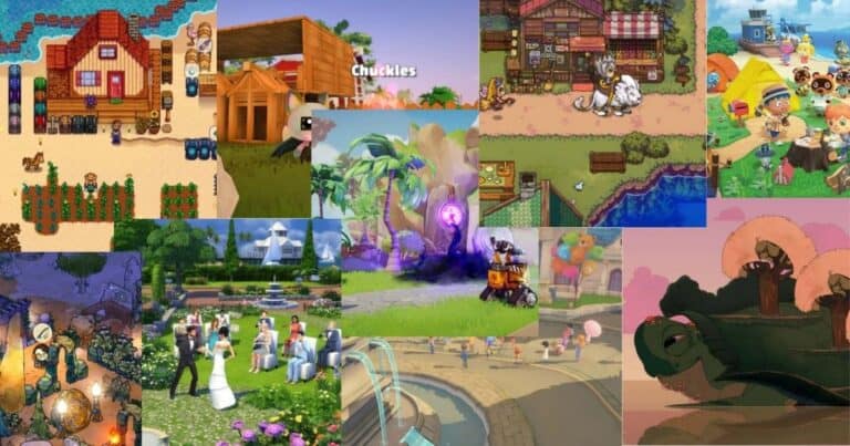 A collage of various farming and life simulation video game scenes, featuring farms, houses, characters, animals, and outdoor activities in colorful, animated art styles.