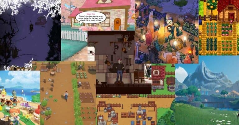 A collage of various farming simulation video games, each displaying different farm layouts, characters, and environments in colorful, animated styles.