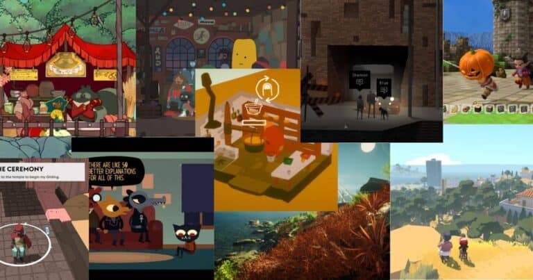 A collage of various indie video game screenshots featuring different characters, environments, and art styles, including cityscapes, dialogue scenes, and outdoor landscapes.