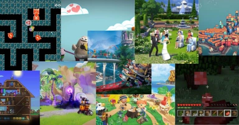 A collage of screenshots from various video games, featuring different settings including houses, islands, weddings, pixelated maps, and cartoon characters.
