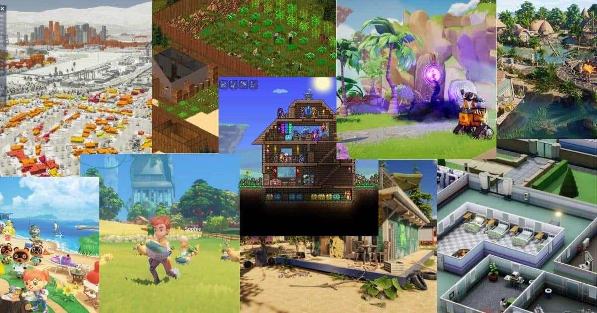 A collage of various video game scenes featuring farm life, house building, beaches, forests, cityscapes, fantasy environments, and modern interiors.