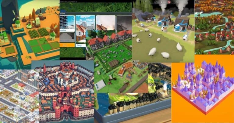 A collage of various colorful city-building and management game screenshots, each depicting different landscapes, buildings, and structures from an isometric perspective.