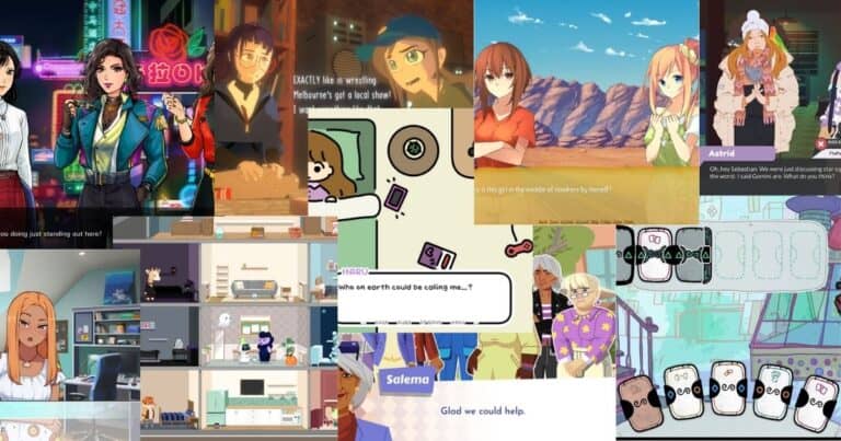 A collage of various scenes from visual novels, featuring diverse characters, illustrated backgrounds, dialogue boxes, and colorful, stylized art styles.