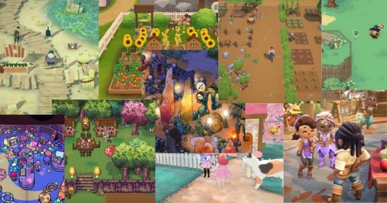 A collage of scenes from various cozy video games, featuring farming, gardening, markets, outdoor gatherings, and colorful, cartoon-style characters.