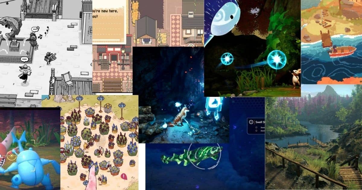 A collage of various video game screenshots featuring different art styles, characters, and landscapes, including town scenes, forests, battles, and underwater exploration.