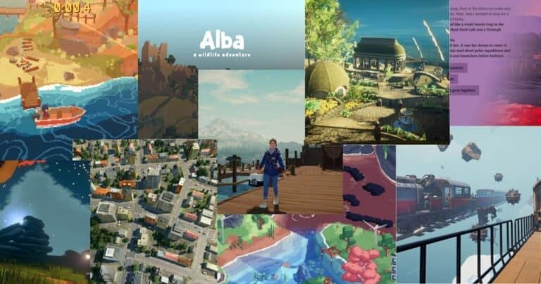 A collage of various video game scenes, including landscapes, buildings, an overhead map view, characters, and a train, showcasing diverse game environments and art styles.